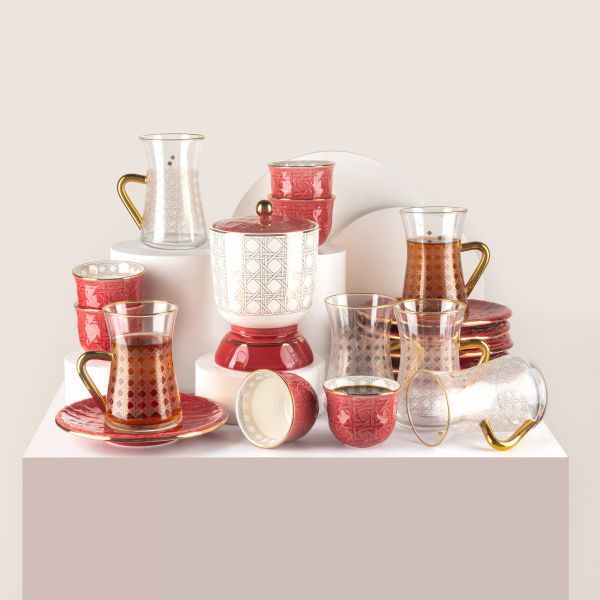 Tea And Arabic Coffee Set 19Pcs From Rattan - Red