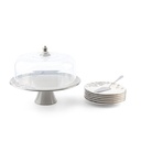 8pcs cake set ( 1big plate w foot n cover  6 small plate 1 ss cake server) - grey+silver   