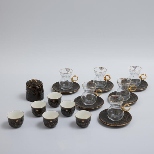 [DUN1328] 19pcs tea set ( 6 glass 6saucer 6 cawa 1 sugor) - black   