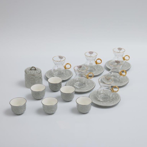 [DUN1329] 19pcs tea set ( 6 glass 6saucer 6 cawa 1 sugor) - grey +silver