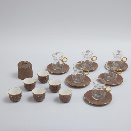 [DUN1331] 19pcs tea set ( 6 glass 6saucer 6 cawa 1 sugor) - Brown   