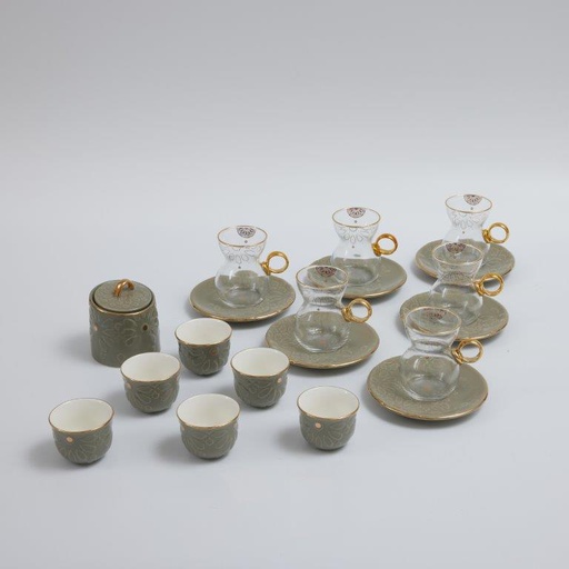[DUN1332] 19pcs tea set ( 6 glass 6saucer 6 cawa 1 sugor) - Brown   