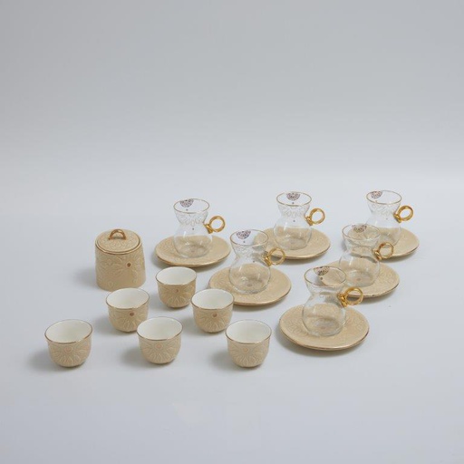 [DUN1333] 19pcs tea set ( 6 glass 6saucer 6 cawa 1 sugor) - Ivory   