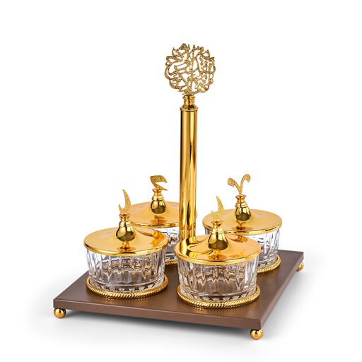 [JG1184] Stand For Serving Sweets 4 Bowls With Arabic Design From Zuwar - Brown